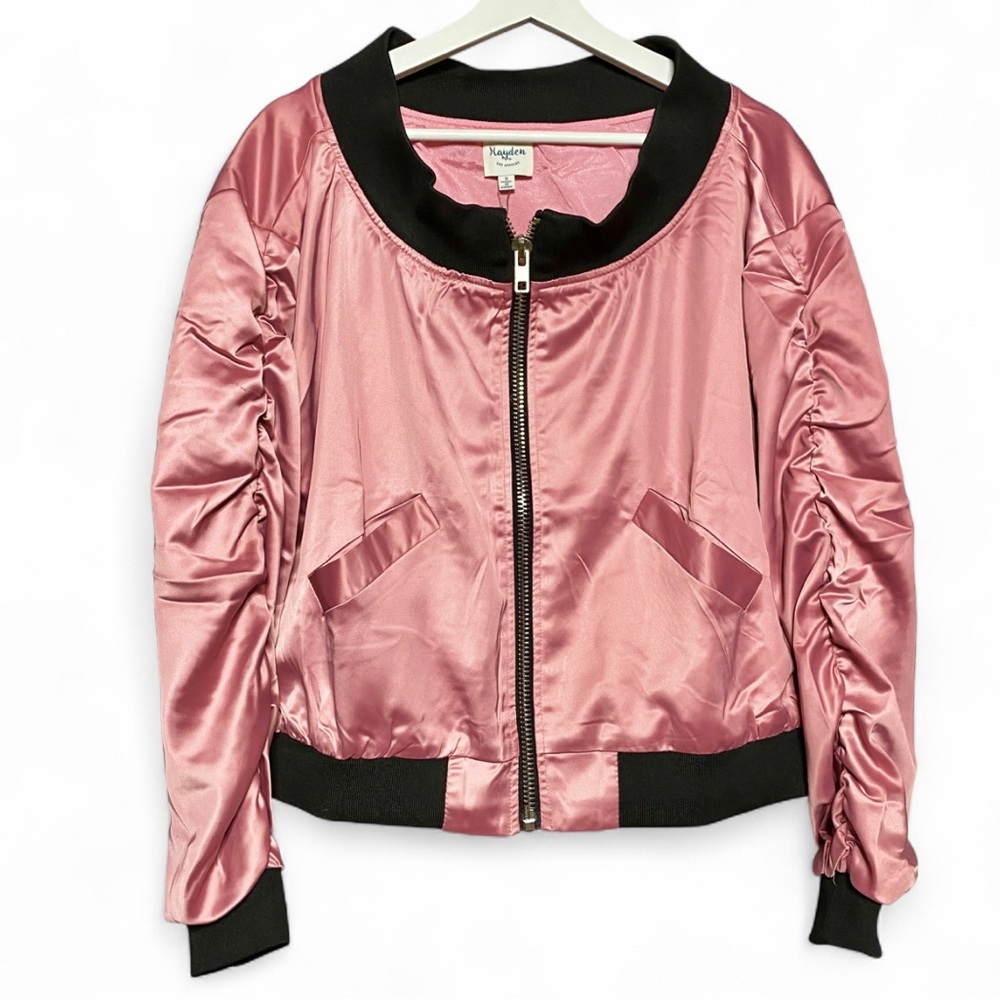 Hayden Los Angeles Ruched Satin Bomber Jacket • S